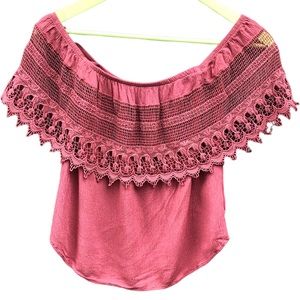Socialite XS Rust Shirt Off Shoulder Cropped Crochet Cottagecore Boho Gauze NWT